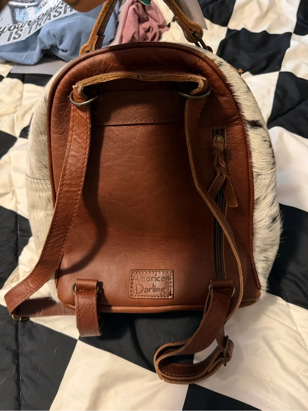 American Darling Cowhide Mini Backpack with Tooled Leather Pocket - White/Brown